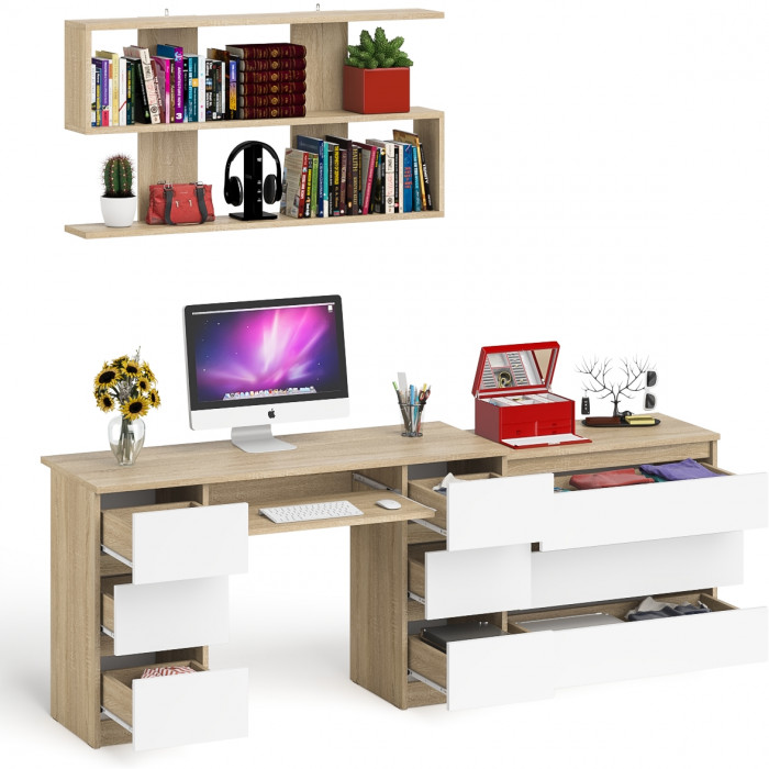 Мори компьютерный стол МС-2 + Комод МК800.1 + Полка 1200, дуб сонома/белый