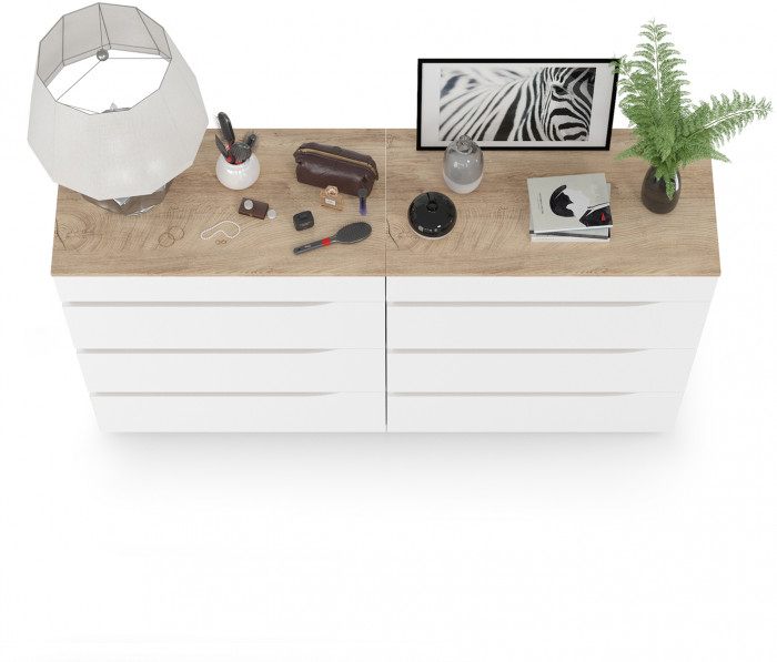 Муссон 13.97 Комод + 13.97 Комод, цвет белый/дуб эндгрейн элегантный, ШхГхВ 154х39,4х92,6 см., четыре выдвижных ящика, ручки-вырезы