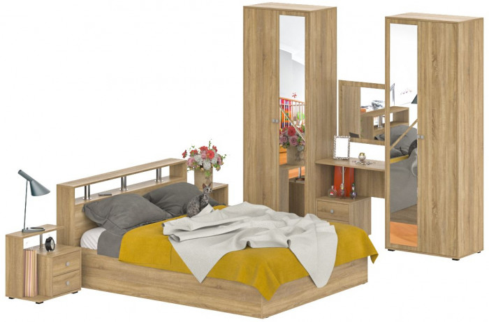 Камелия спальня № 2 Кровать 1600 + Две тумбы + Стол косметич. + Зеркало + Шкаф 4-х, дуб сонома