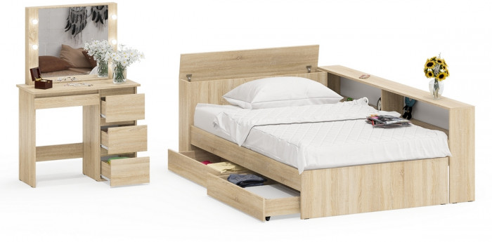 Ксения Кровать с ящиками 1200 + прикроватный блок + Столик с подсветкой Сура, дуб сонома