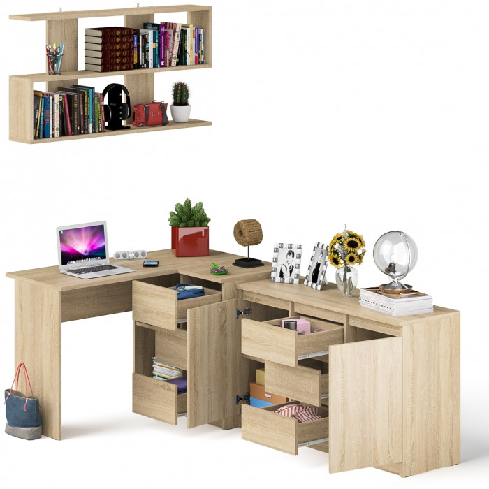 Мори компьютерный стол МС-16 правый + Комод МК1200.3 + Полка 1200, дуб сонома