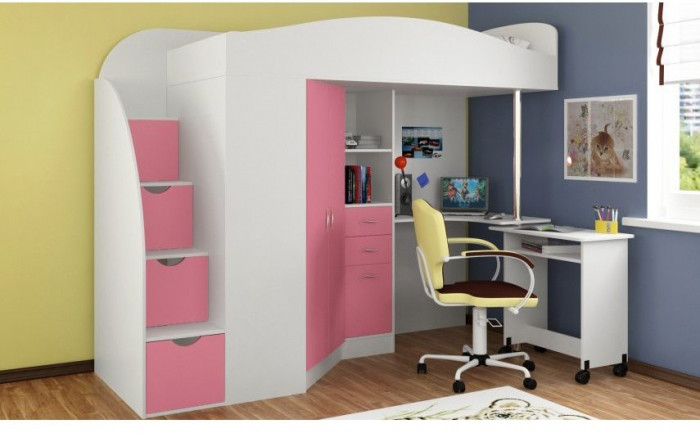 Детская кровать-чердак Теремок-1 Гранд,  Белый / Розовый