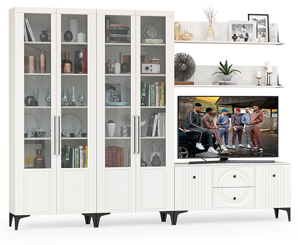 Валенсия Гостиная № 075, цвет ЛДСП белый шагрень/МДФ белый шагрень, ШхГхВ 301,3х38,3х225,2 см., универсальная сборка