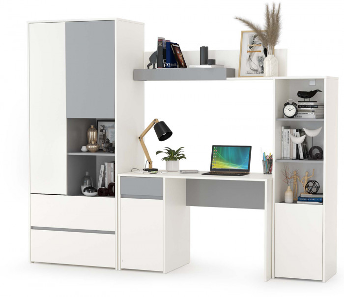 Торонто Компоновка № 04, цвет белый шагрень/стальной серый, ШхГхВ 240х53,1х195,7 см., универсальная сборка