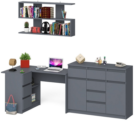 Мори компьютерный стол МС-16 левый + Комод МК1200.4 + Полка 1200, графит
