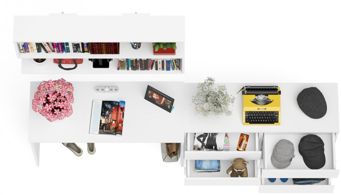 Мори Стол письменный МСП1200.1 + Комод МК1200.6 + Полка 1200, цвет белый, ШхГхВ 240,8х50х209,6 см., универсальная сборка