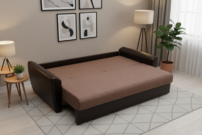 Диван-еврокнижка Амстердам, 150х195, пружинный блок, рогожка/экокожа, коричневый