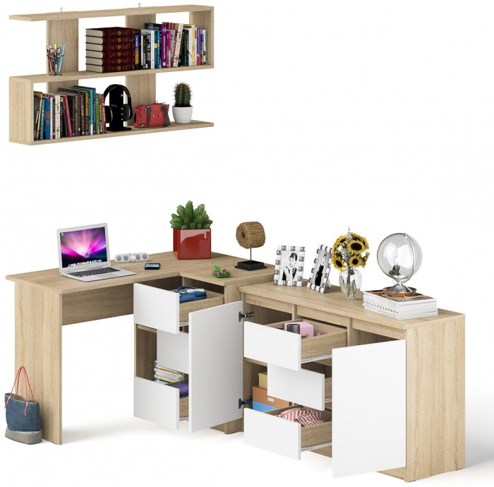 Мори компьютерный стол МС-16 правый + Комод МК1200.3 + Полка 1200, дуб сонома/белый