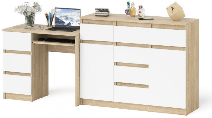 Мори компьютерный стол МС-6 левый + Комод МК1200.4, дуб сонома/белый