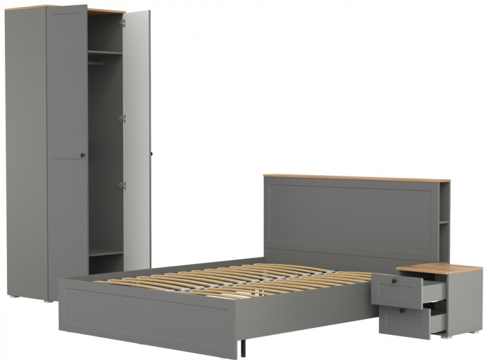 Остин 11.53 Кровать + ортопед + 13.224 Шкаф + 16.152 Тумба прикроватная, серый графит/дуб крафт золотой
