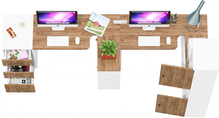 Лидер-8 Стол + Стол + Пенал + Тумба МД 3.16, цвет белый шагрень/крафт золото, ШхГхВ 410х50/30х75/190 см. или 230х50/160х75/190 см., НЕ универс. сборка