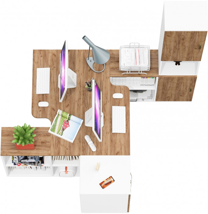 Лидер-8 Стол + Стол + Пенал + Тумба МД 3.16, цвет белый шагрень/крафт золото, ШхГхВ 410х50/30х75/190 см. или 230х50/160х75/190 см., НЕ универс. сборка