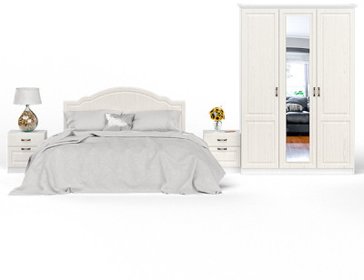 Ливерпуль Спальня № 1 Кровать 11.08ОСН + две Тумбы 08.146 + Шкаф 08.45Н + карниз, ясень ваниль/белый