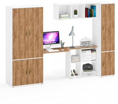 Лидер-8 Шкаф МД 19Б + Стол + Полка + Пенал 23Б, белый шагрень/крафт золото