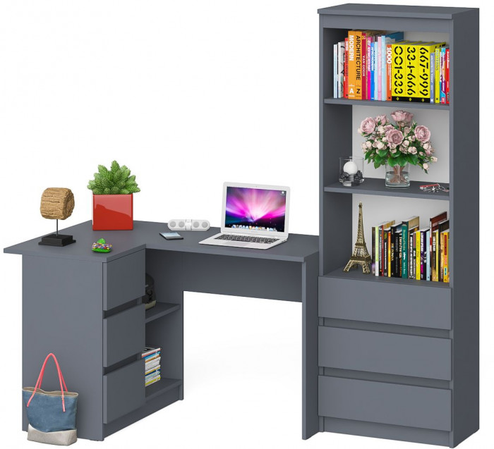 Мори Стол компьютерный МС-16 левый + Стеллаж МСТ600.3, цвет графит, ШхГхВ 184,8х84,9х179,6 см., выдвижные ящики слева, НЕ универсальная сборка