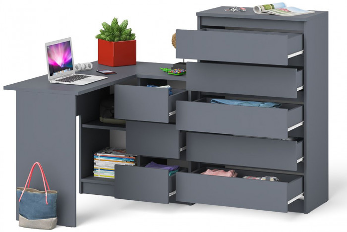Мори Стол компьютерный МС-16 правый + Комод МК700.5, цвет графит, ШхГхВ 194,8х84,9х114 см., выдвижные ящики справа, НЕ универсальная сборка