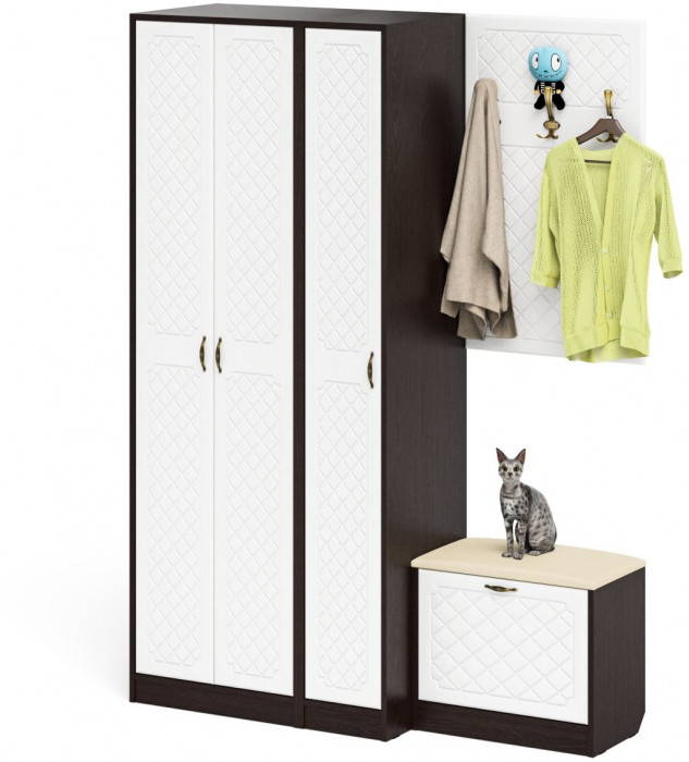 Прихожая П-6 Компоновка № 47, венге/фасады МДФ белое дерево фрезеровка ромб