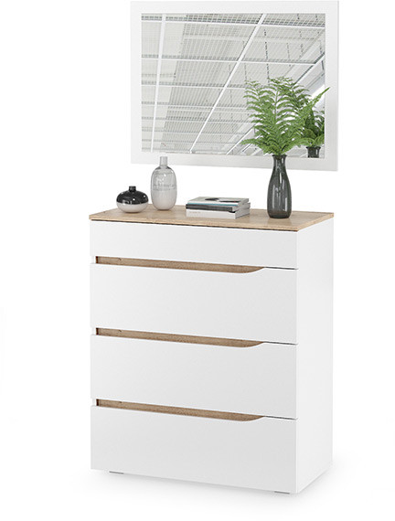 Муссон 13.97 Комод + Зеркало СВК, цвет белый/дуб эндгрейн элегантный, ШхГхВ 77х39,4х92,6 + 80х2х60 см., четыре выдвижных ящика, ручки-вырезы