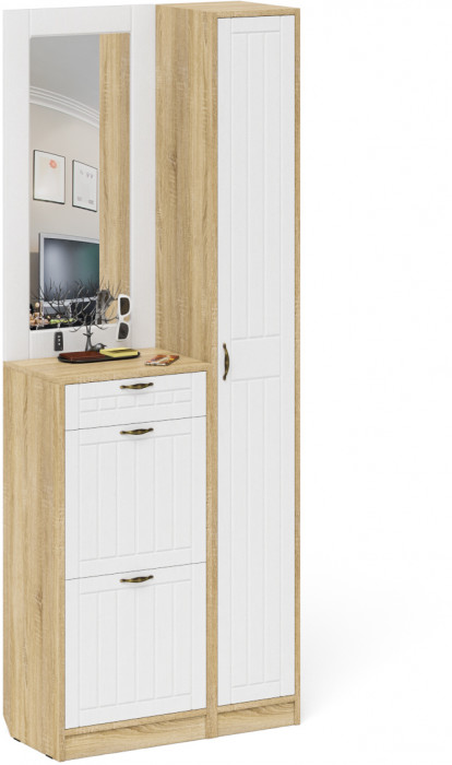 Прихожая П-6 Компоновка № 23, цвет дуб сонома/фасады МДФ белое дерево фрезеровка прованс, ШхГхВ 80х35х210 см., универсальная сборка