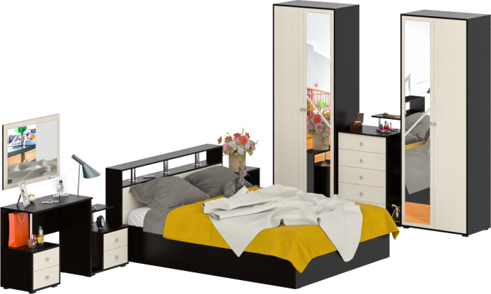 Камелия спальня № 3 Кровать 1600 + Две тумбы + Стол косметич. + Зеркало + Комод + Шкаф 4-х, венге/дуб лоредо