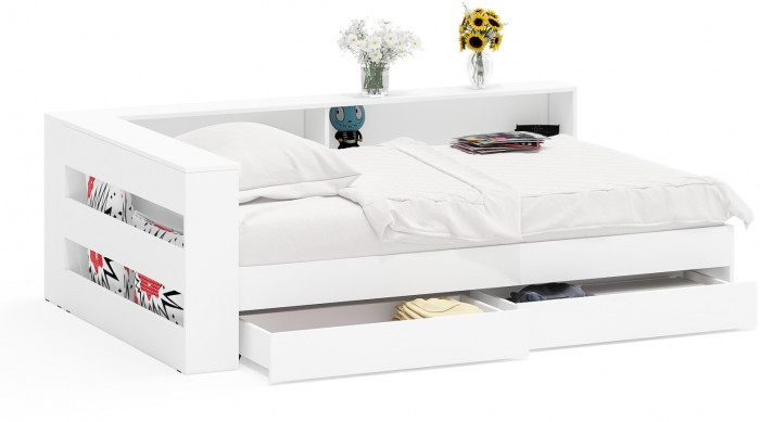 Ксения Кровать с ящиками 1200 + прикроватный блок, белый