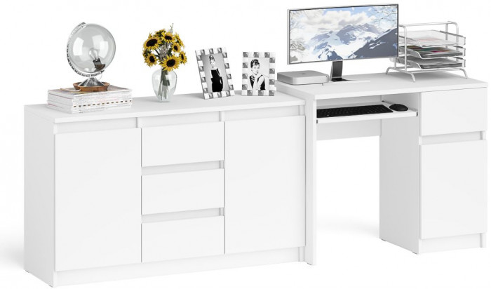 Мори компьютерный стол МС-1 правый + Комод МК1200.3, белый