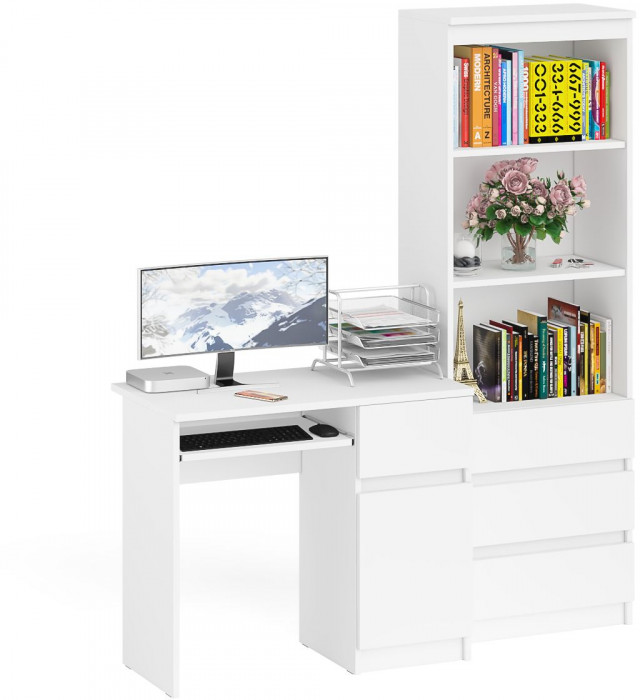 Мори компьютерный стол МС-1 правый + Стеллаж МСТ600.3, белый