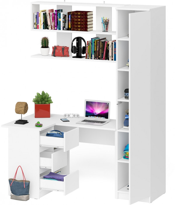 Мори компьютерный стол МС-16 левый + Пенал МШ400.1 + Полка 1200, белый
