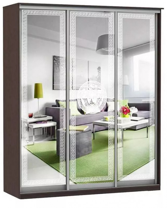 Шкаф купе Модерн 2076х450 3-х дверный 3-х секционный зеркальный с пескоструем №1 венге