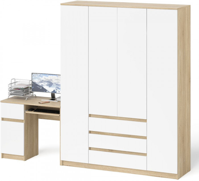 Мори Стол компьютерный МС-1 левый + Шкаф МШ1600.1, цвет дуб сонома/белый, ШхГхВ 250,4х50,4х209,6 см., выдвижной ящик слева, НЕ универсальная сборка