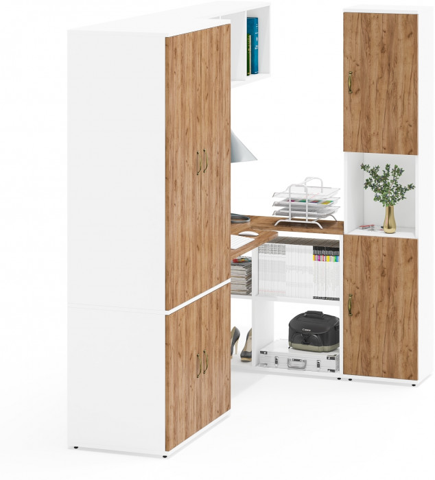 Лидер-8 Шкаф МД 19Б + Стол + Полка + Пенал, белый шагрень/крафт золото