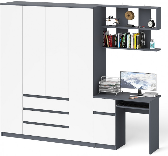 Мори Стол компьютерный МС-1 левый + Шкаф МШ1600.1 + Полка 900, цвет графит/белый, ШхГхВ 250,4х50,4х209,6 см., НЕ универсальная сборка