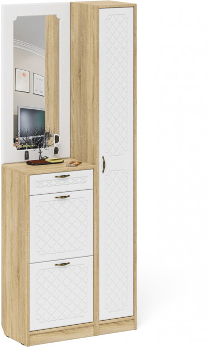 Прихожая П-6 Компоновка № 23, цвет дуб сонома/фасады МДФ белое дерево фрезеровка ромб, ШхГхВ 80х35х210 см., универсальная сборка