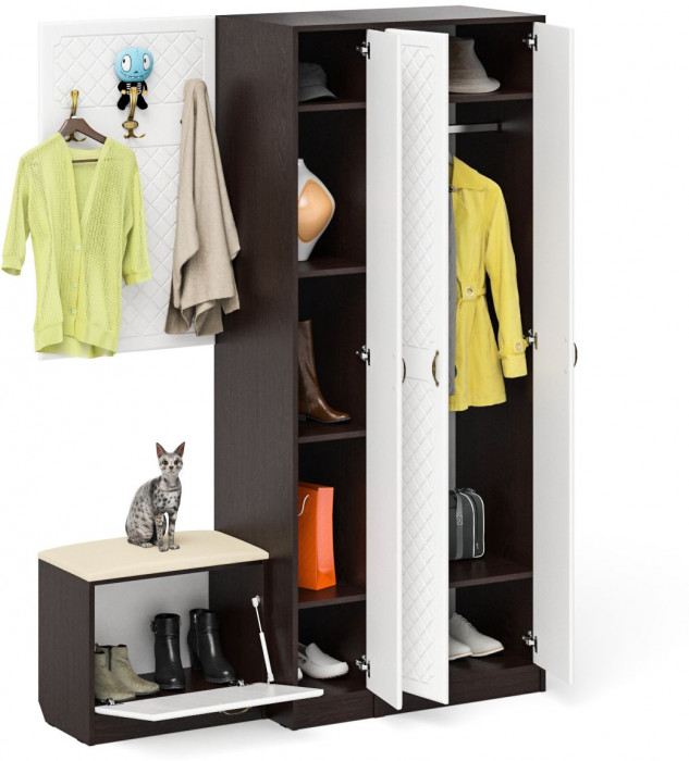 Прихожая П-6 Компоновка № 47, цвет венге/фасады МДФ белое дерево фрезеровка ромб, ШхГхВ 150х50х210 см., универсальная сборка