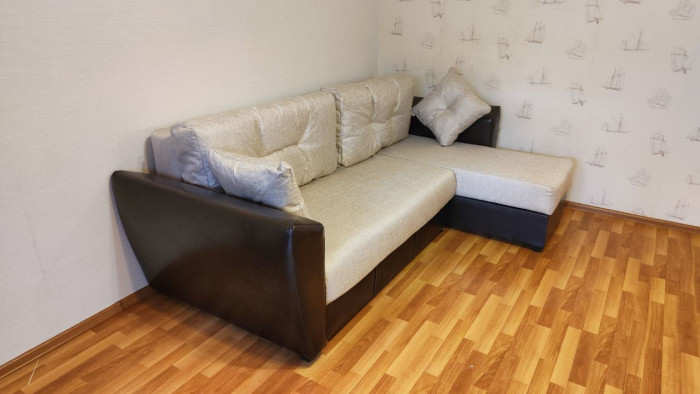 Диван-еврокнижка угловой Амстердам, 150х200, рогожка/экокожа бежево-коричневый