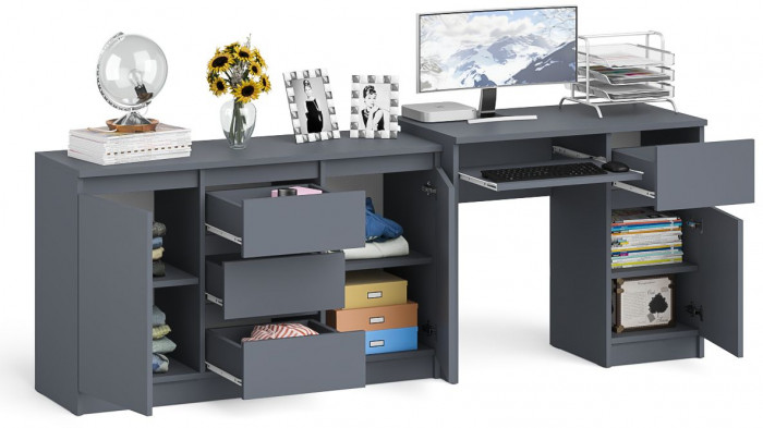 Мори компьютерный стол МС-1 правый + Комод МК1200.3, графит