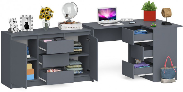 Мори компьютерный стол МС-16 правый + Комод МК1200.3, графит