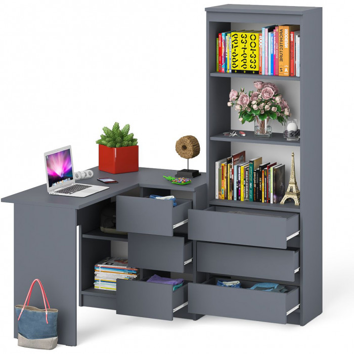 Мори компьютерный стол МС-16 правый + Стеллаж МСТ600.3, графит
