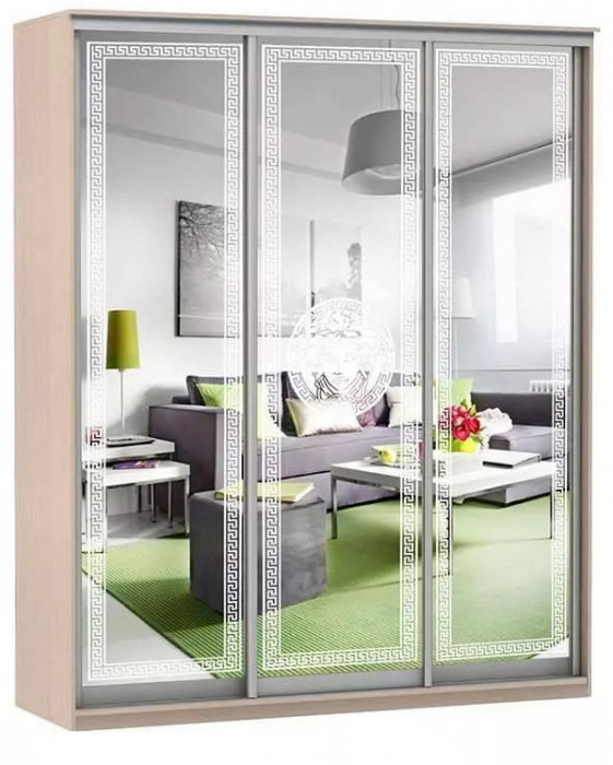 Шкаф купе Модерн 2076х450 3-х дверный 3-х секционный зеркальный с пескоструем №1 ясень