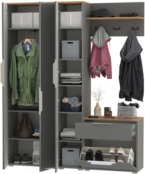 Октава Прихожая 22, цвет серый графит/дуб крафт золотой/фасады МДФ серый графит, ШхГхВ 161,5х35,4х197,6 см., универсальная сборка