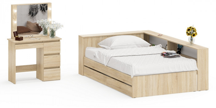 Ксения Кровать с ящиками 1200 + прикроватный блок + Столик с подсветкой Сура, дуб сонома