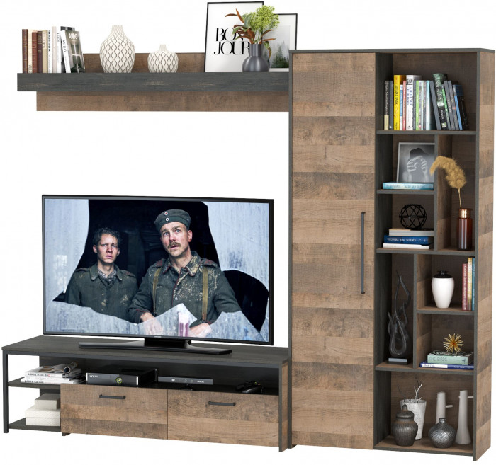 Трувор 13.70 Тумба под ТВ + 13.206 Шкаф-стеллаж + 15.60 Полка, цвет дуб гранж песочный/интра, ШхГхВ 242,8х45,4х194,2 см., универсальная сборка