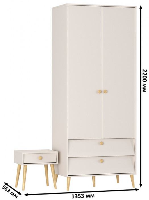 Афина Спальня Шкаф 2-х дверный + Тумба прикроватная, цвет кашемир серый, ШхГхВ 90,3х56,3х220 + 45х37х45 см., универсальная сборка