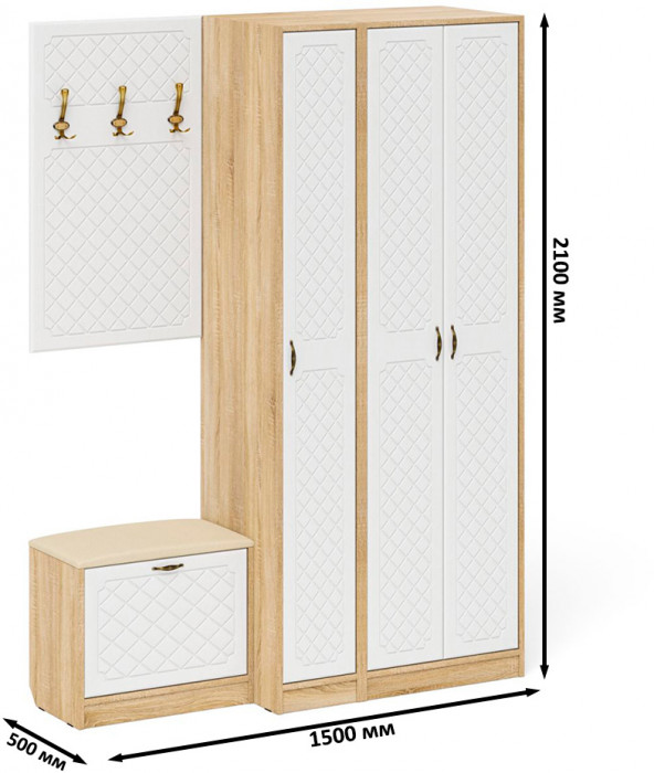 Прихожая П-6 Компоновка № 47, дуб сонома/фасады МДФ белое дерево фрезеровка ромб