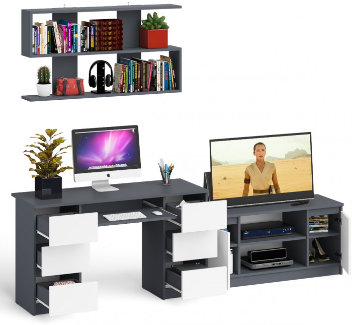 Мори компьютерный стол МС-2 + Тумба МТВ1200.1 + Полка 1200, графит/белый