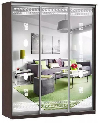 Шкаф купе Модерн 2076х450 3-х дверный 3-х секционный зеркальный с пескоструем №2 венге