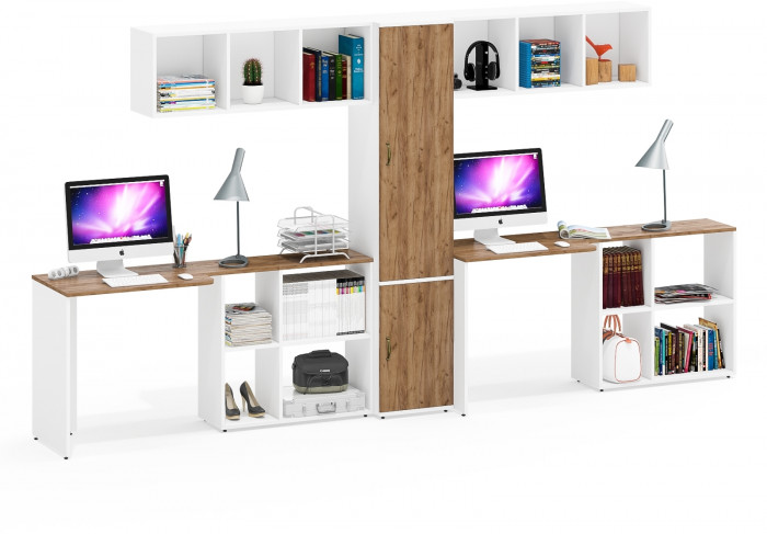 Лидер-8 Стол + Полка + Стол + Полка + Пенал МД 22Б, цвет белый шагрень/крафт золото, ШхГхВ 370х50/37,5х75/190 или 230х120/50х75/190 см., НЕ ун. сборка