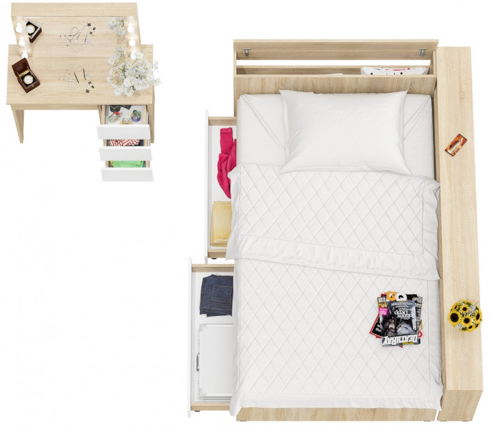 Ксения Кровать с ящиками 1200 + прикроватный блок + Столик с подсветкой Сура, дуб сонома/белый