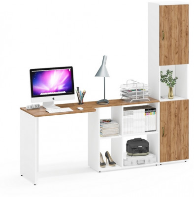 Лидер-8 Стол + Пенал, белый шагрень/крафт золото