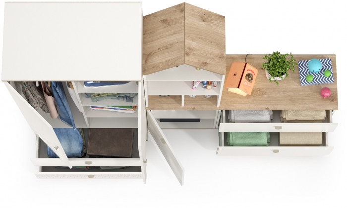Эйп 13.334 Шкаф для одежды + 13.322 Комод + 13.14 Стеллаж, цвет белый/дуб белый, ШхГхВ 223х51,1х183,8 см., универсальная сборка